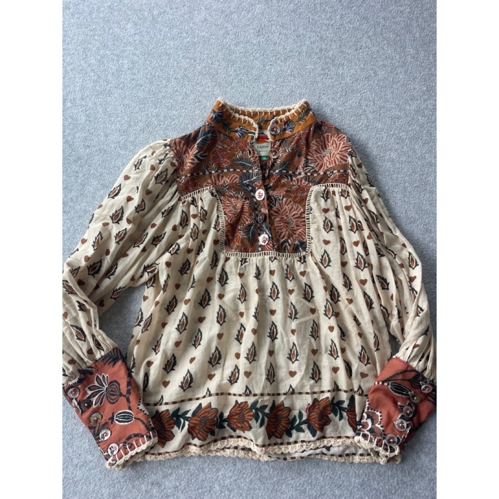 Farm Rio Anika Mixed Floral Print Crochet Trim Blouse XS Rust Cream Boho 312295